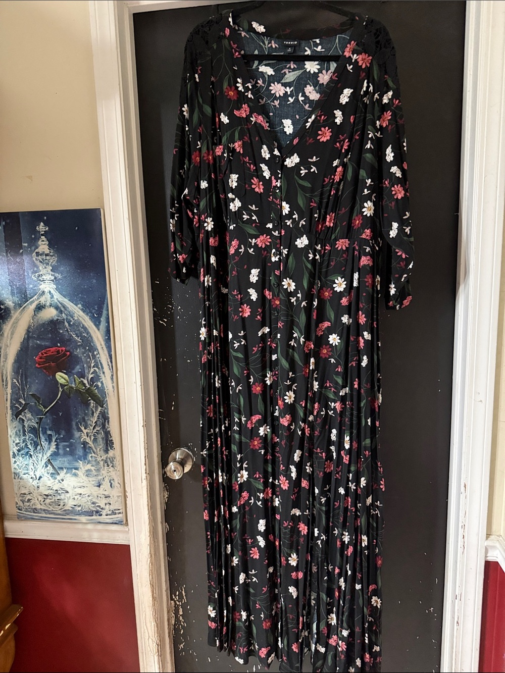 Torrid Slit Black Floral Dress with Pink & White Blooms